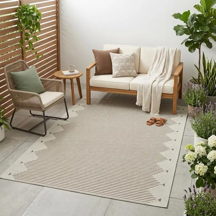 Beige And Brown Geometric Distressed Indoor Outdoor Area Rug Photo 1