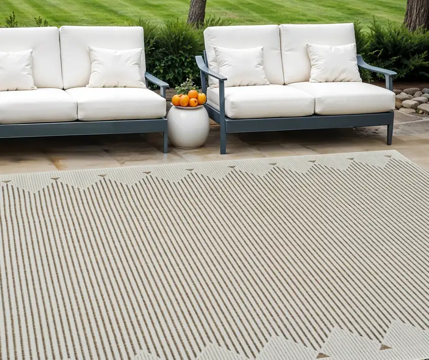 Beige and Brown Geometric Distressed Indoor Outdoor Area Rug Photo 1