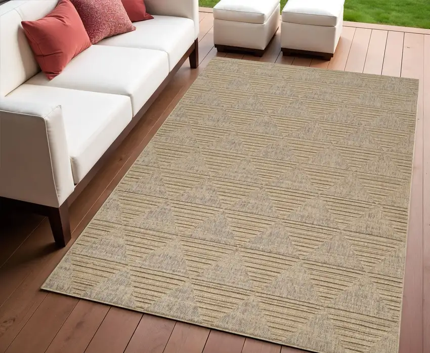 Beige and Brown Geometric Distressed Indoor Outdoor Area Rug Photo 1