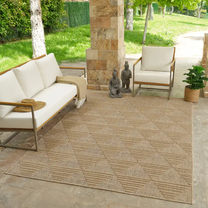 Beige and Brown Geometric Distressed Indoor Outdoor Area Rug Photo 6