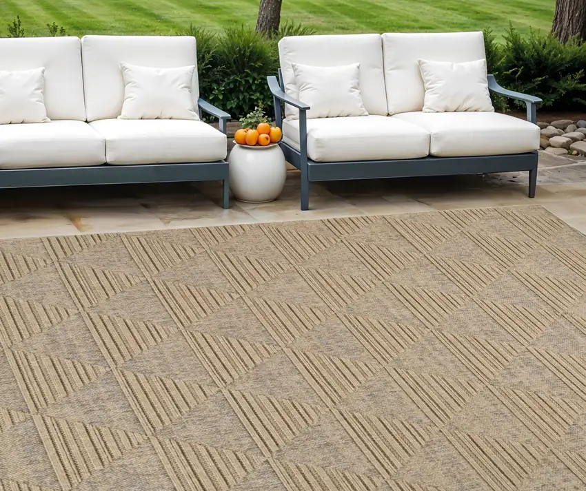 Beige and Brown Geometric Distressed Indoor Outdoor Area Rug Photo 1