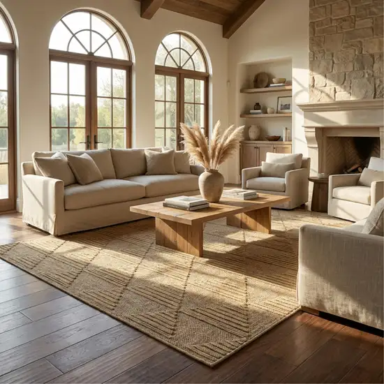 Beige and Brown Geometric Distressed Indoor Outdoor Area Rug Photo 4