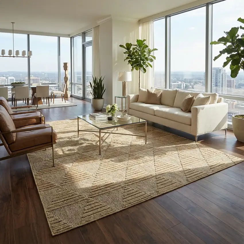 Beige and Brown Geometric Distressed Indoor Outdoor Area Rug Photo 3