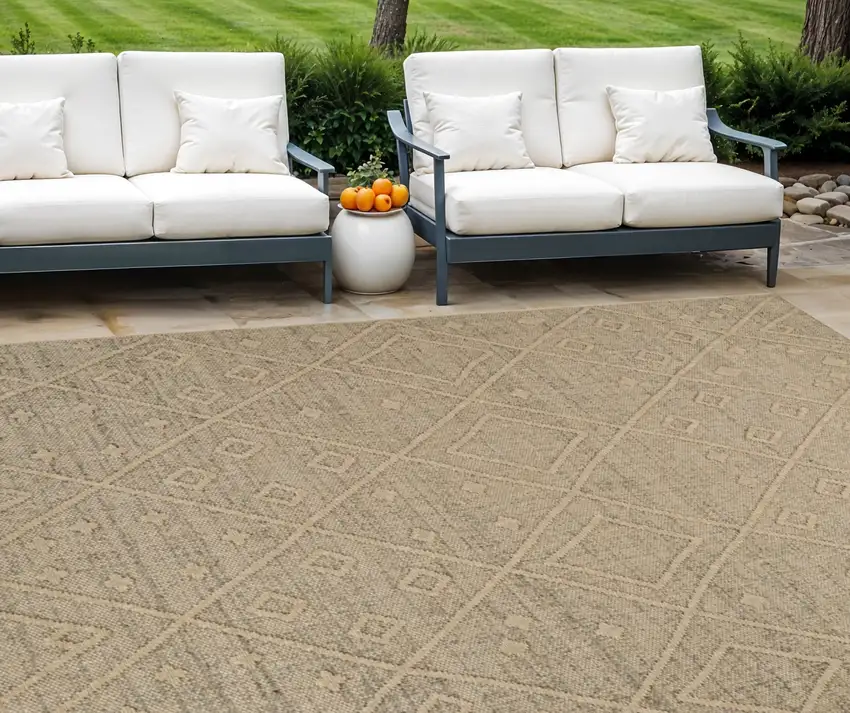 Beige and Brown Geometric Distressed Indoor Outdoor Area Rug Photo 1