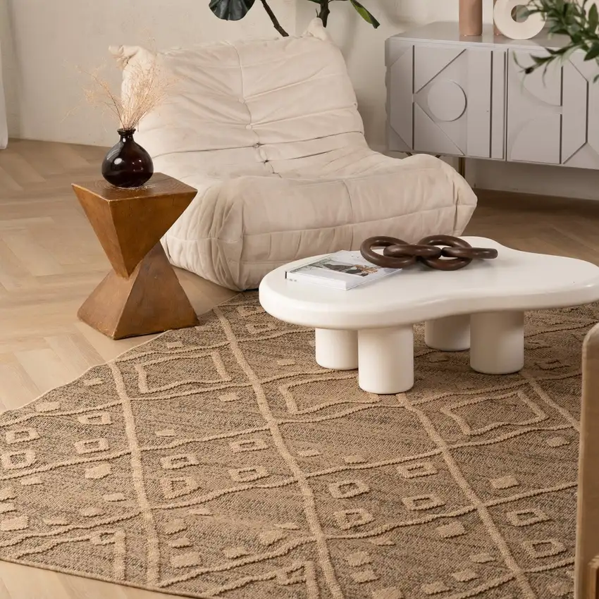 Beige and Brown Geometric Distressed Indoor Outdoor Area Rug Photo 9