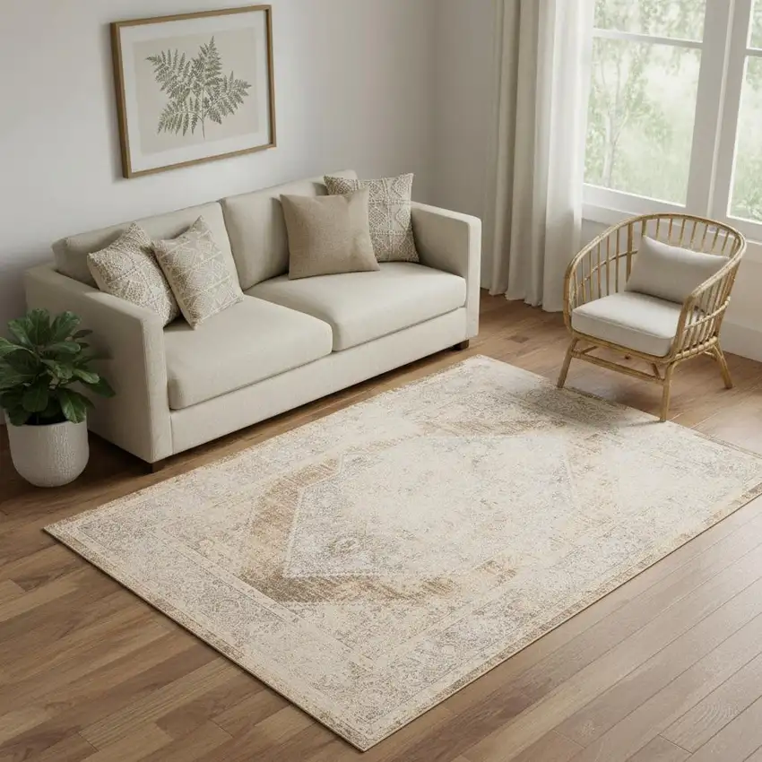 Beige and Brown Geometric Power Loom Distressed Area Rug Photo 1