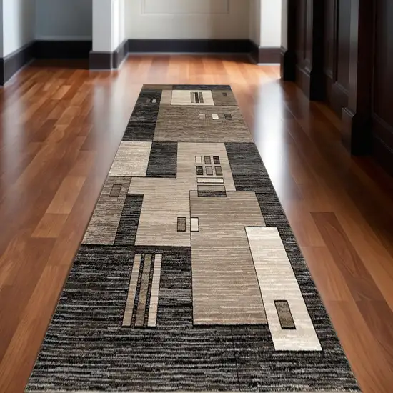 10' Beige Abstract Power Loom Runner Rug Photo 1