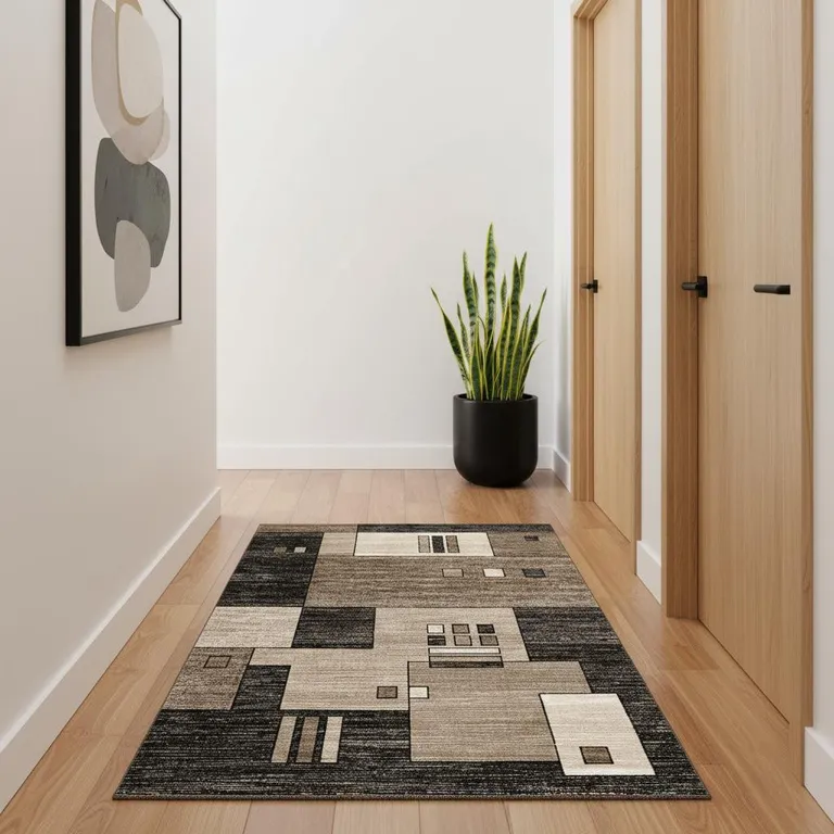 Beige and Brown Geometric Runner Rug Photo 1