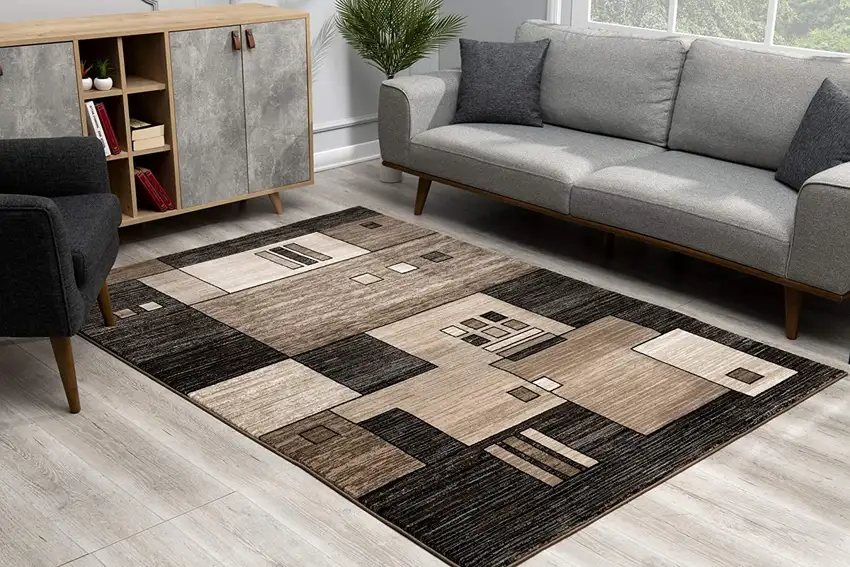 Beige and Brown Geometric Runner Rug Photo 8