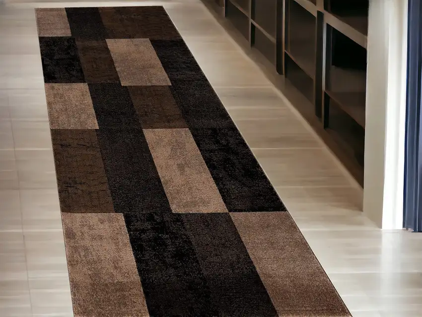 10' Beige Abstract Power Loom Runner Rug Photo 1