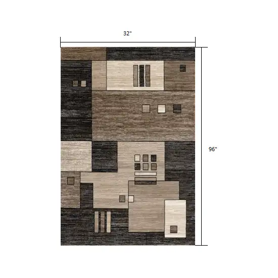 Beige and Brown Geometric Runner Rug Photo 2