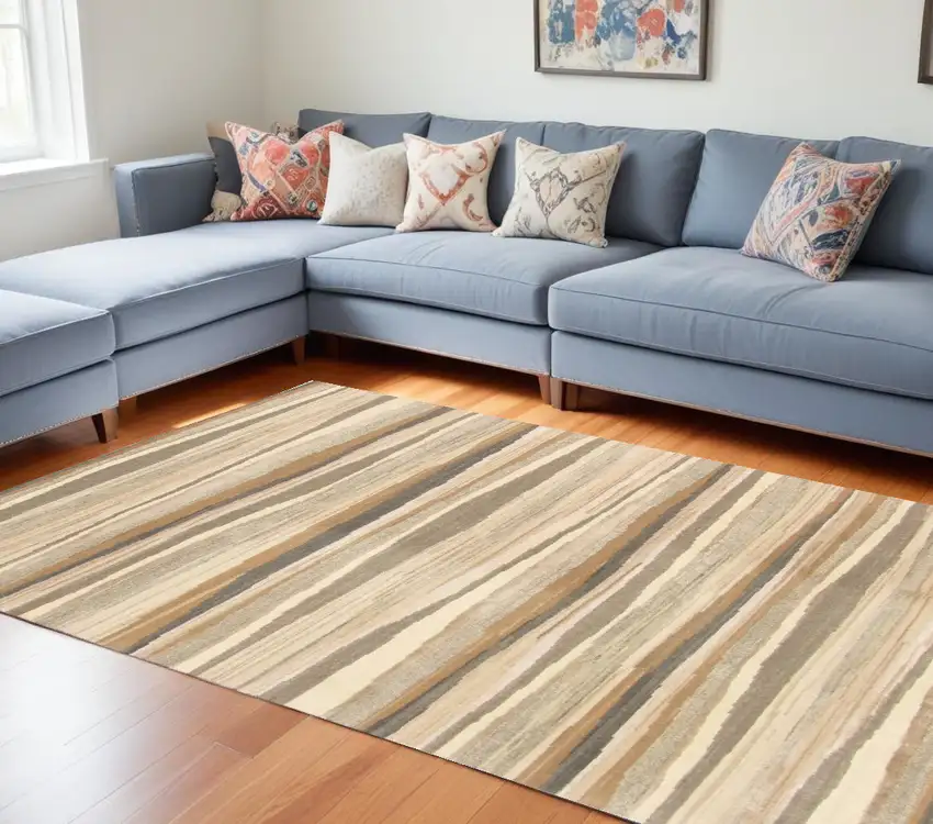 Beige and Brown Wool Abstract Stripe Hand Loomed Area Rug Photo 1