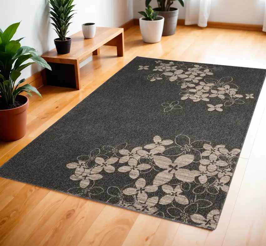 Beige and Charcoal Floral Area Rug Photo 1