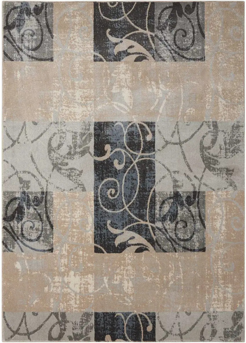 Beige and Charcoal Floral Non Skid Area Rug Photo 1