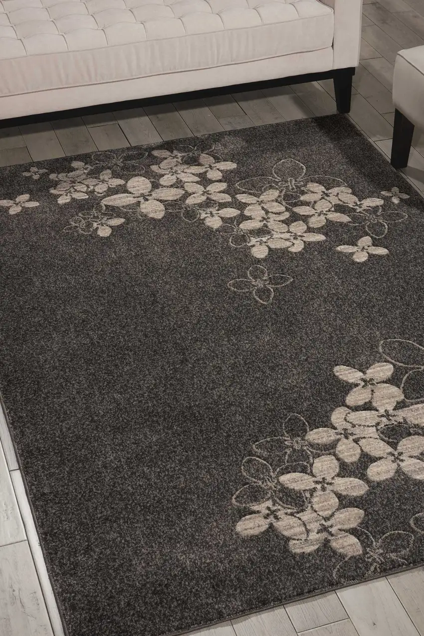 Beige and Charcoal Floral Non Skid Area Rug Photo 5