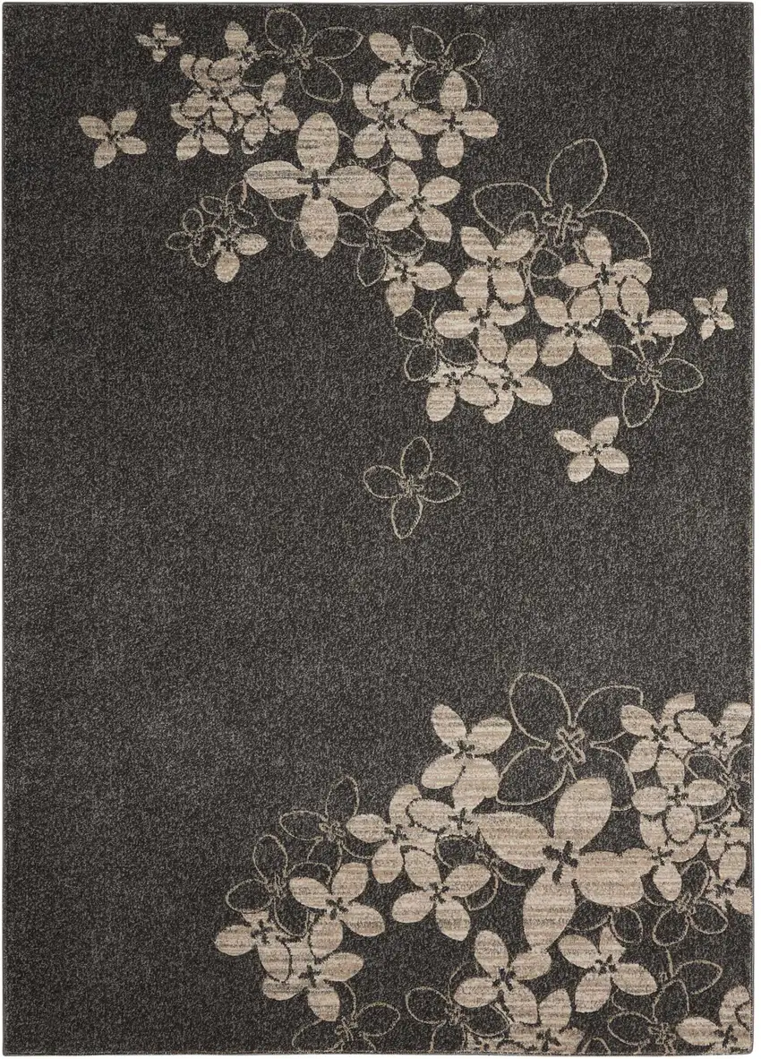 Beige and Charcoal Floral Non Skid Area Rug Photo 2