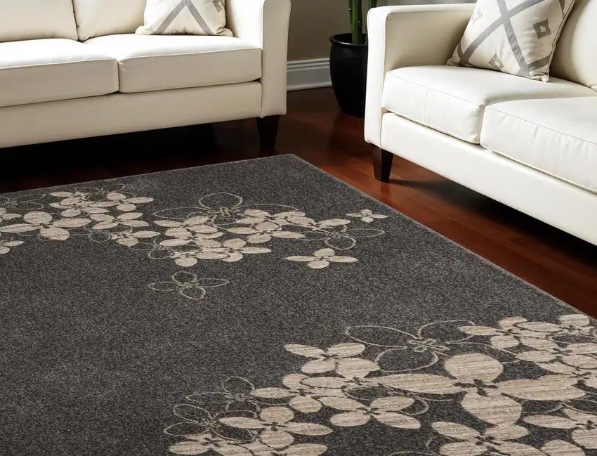 Beige and Charcoal Floral Non Skid Area Rug Photo 1