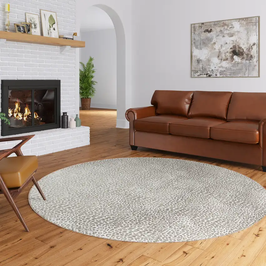 Beige and Cream Leopard  Round Shag Handmade Non Skid Area Rug Photo 1