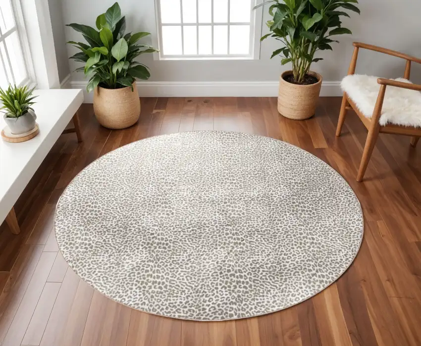 8' X 8' Beige and Cream Leopard  Round Shag Handmade Non Skid Area Rug Photo 1