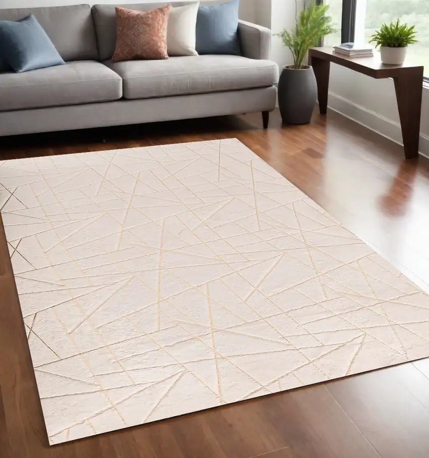Beige and Gold Faux Fur Abstract Geometric Washable Non Skid Area Rug Photo 1