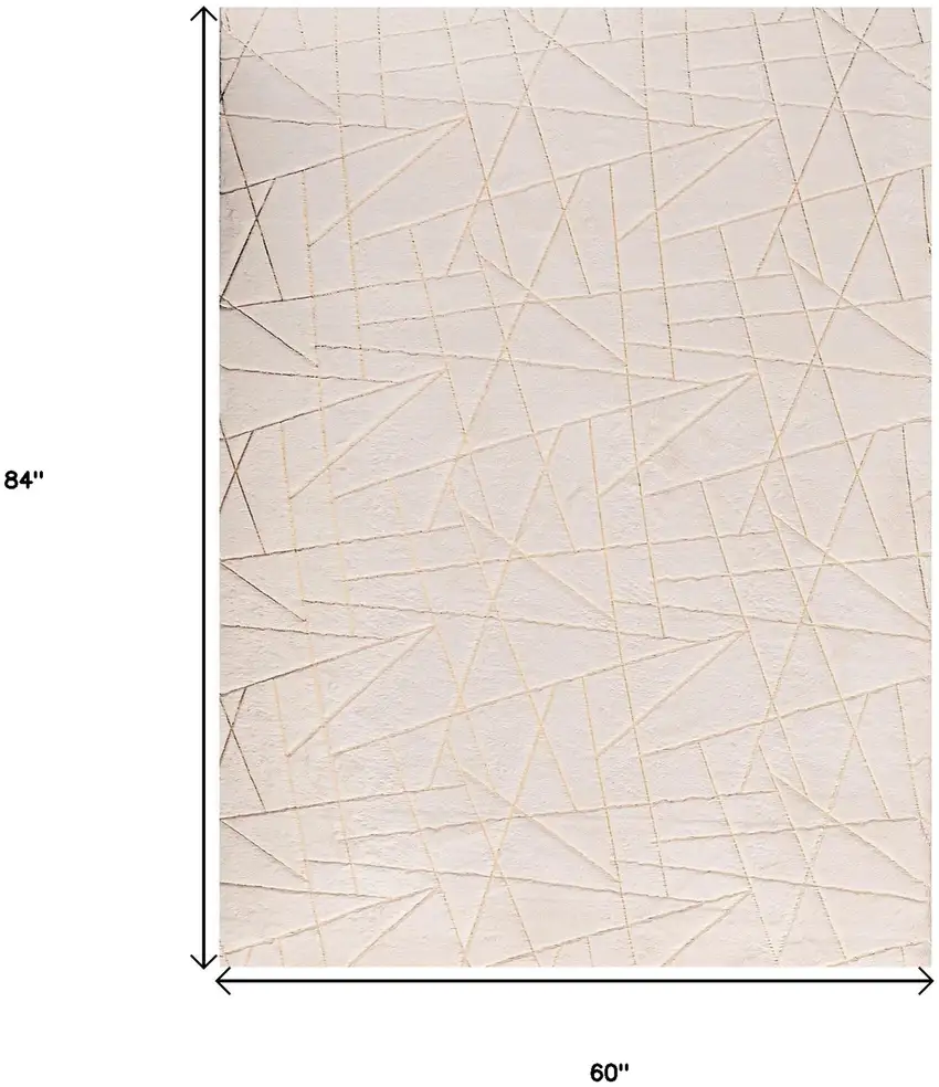 Beige and Gold Faux Fur Abstract Geometric Washable Non Skid Area Rug Photo 3