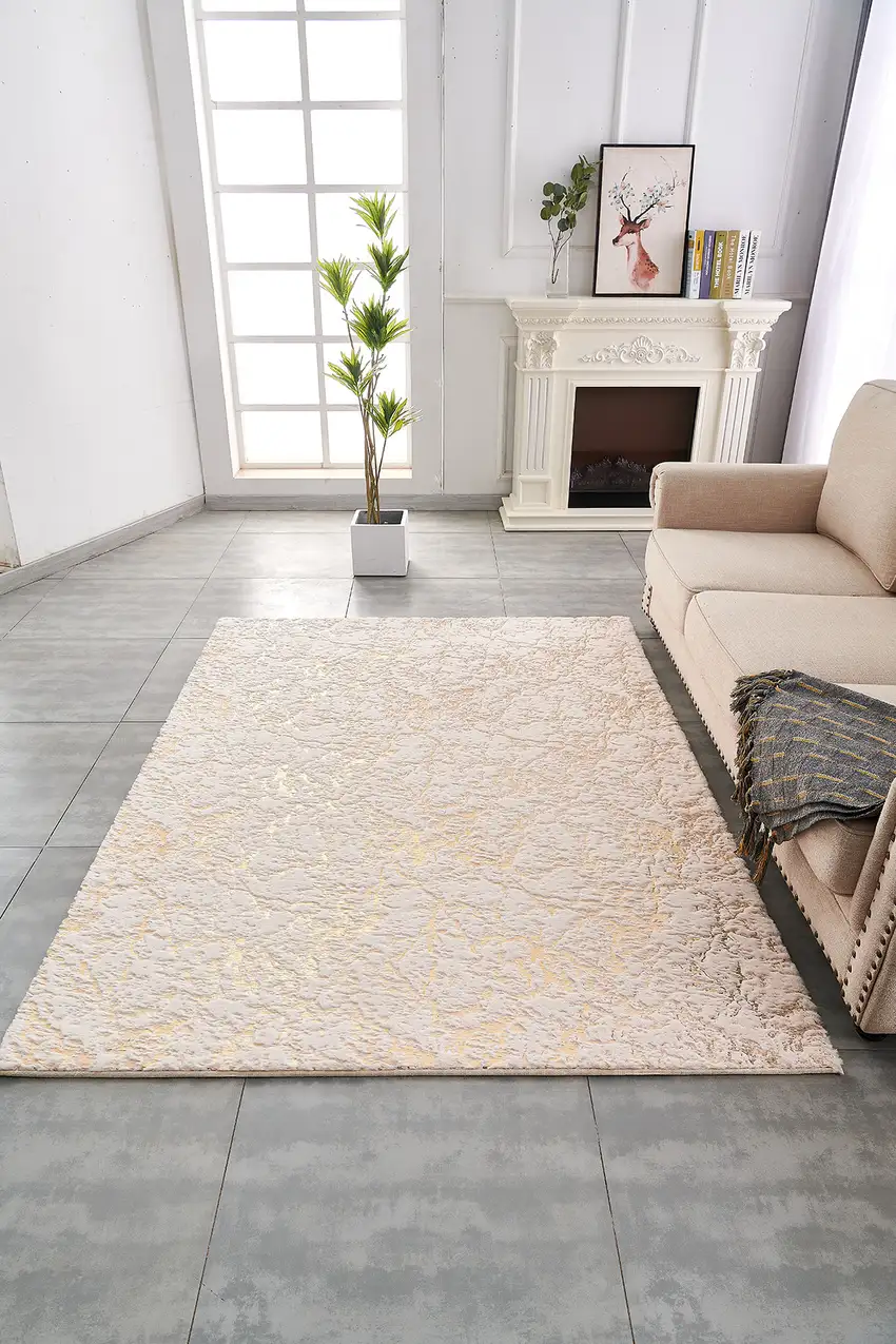 Beige and Gold Faux Fur Abstract Shag Non Skid Area Rug Photo 8