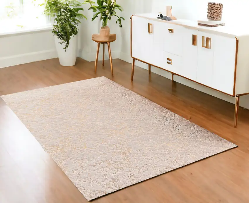 Beige and Gold Faux Fur Abstract Shag Non Skid Area Rug Photo 1