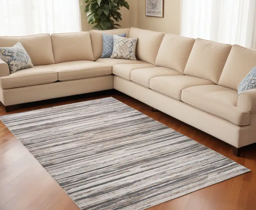 Beige and Gray Abstract Distressed Area Rug Photo 2