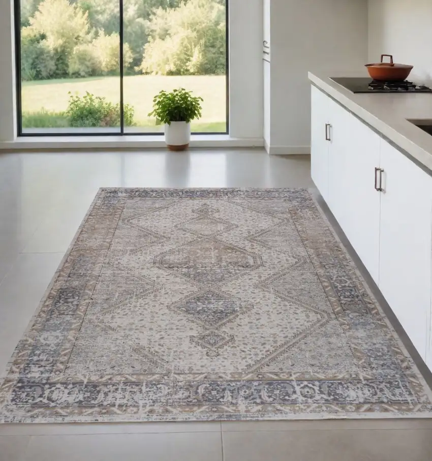 Beige and Gray Abstract Distressed Area Rug Photo 1
