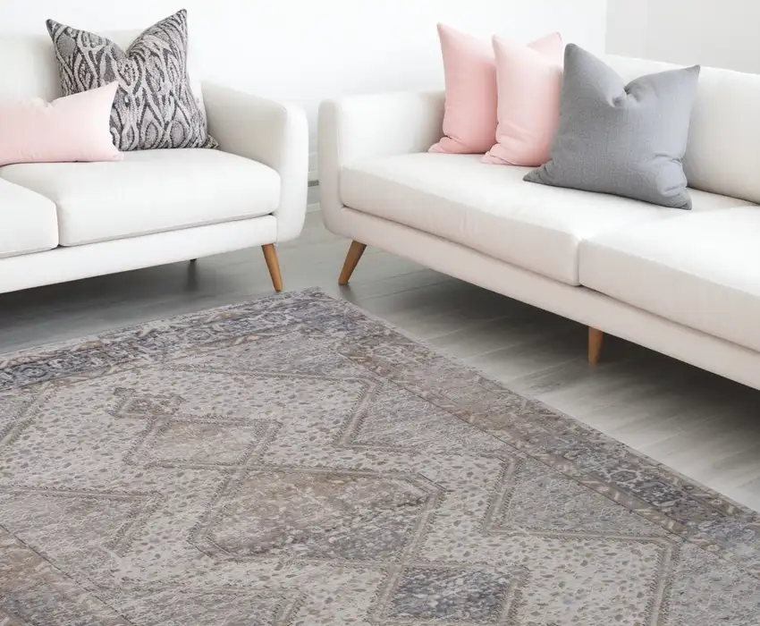 Beige and Gray Abstract Distressed Area Rug Photo 1