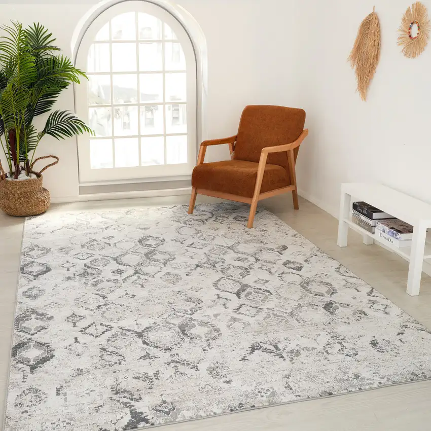 Beige and Gray Abstract Distressed Area Rug Photo 4
