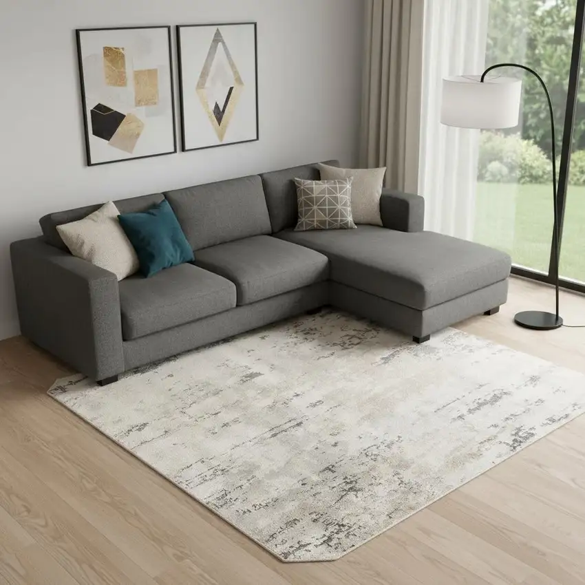 Beige and Gray Abstract Power Loom Area Rug Photo 1