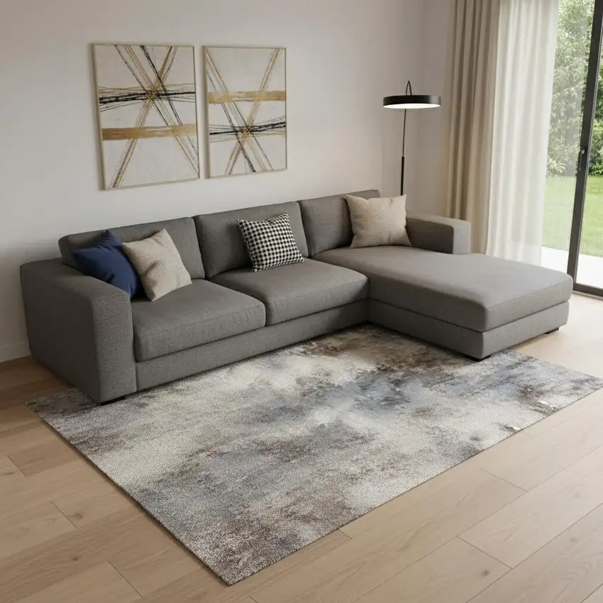 Beige and Gray Abstract Power Loom Area Rug Photo 1