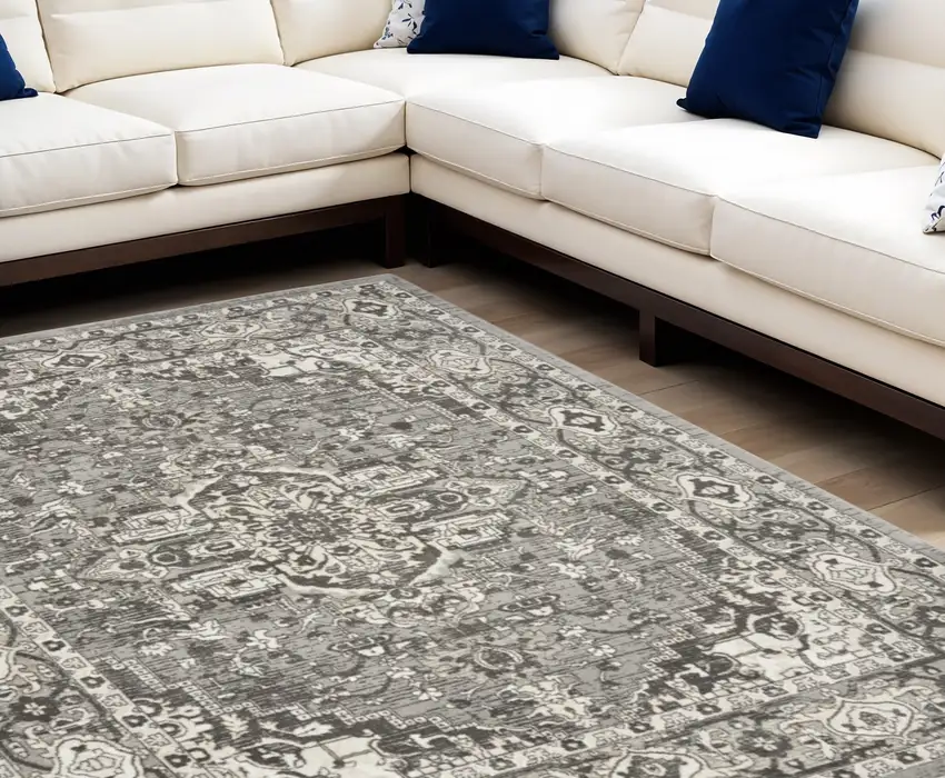 Beige and Gray Abstract Power Loom Area Rug Photo 1
