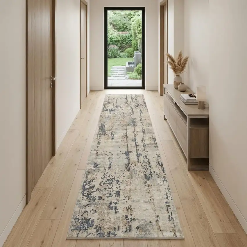20' Beige And Gray Abstract Runner Rug Photo 1
