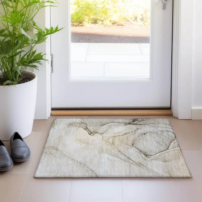 Beige and Gray Abstract Washable Non Skid Indoor Outdoor Area Rug Photo 9