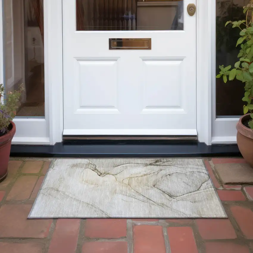 Beige and Gray Abstract Washable Non Skid Indoor Outdoor Area Rug Photo 8