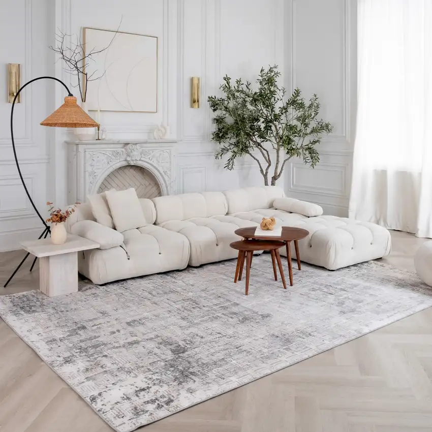 Beige and Gray Abstract Worn Faded Area Rug Photo 3