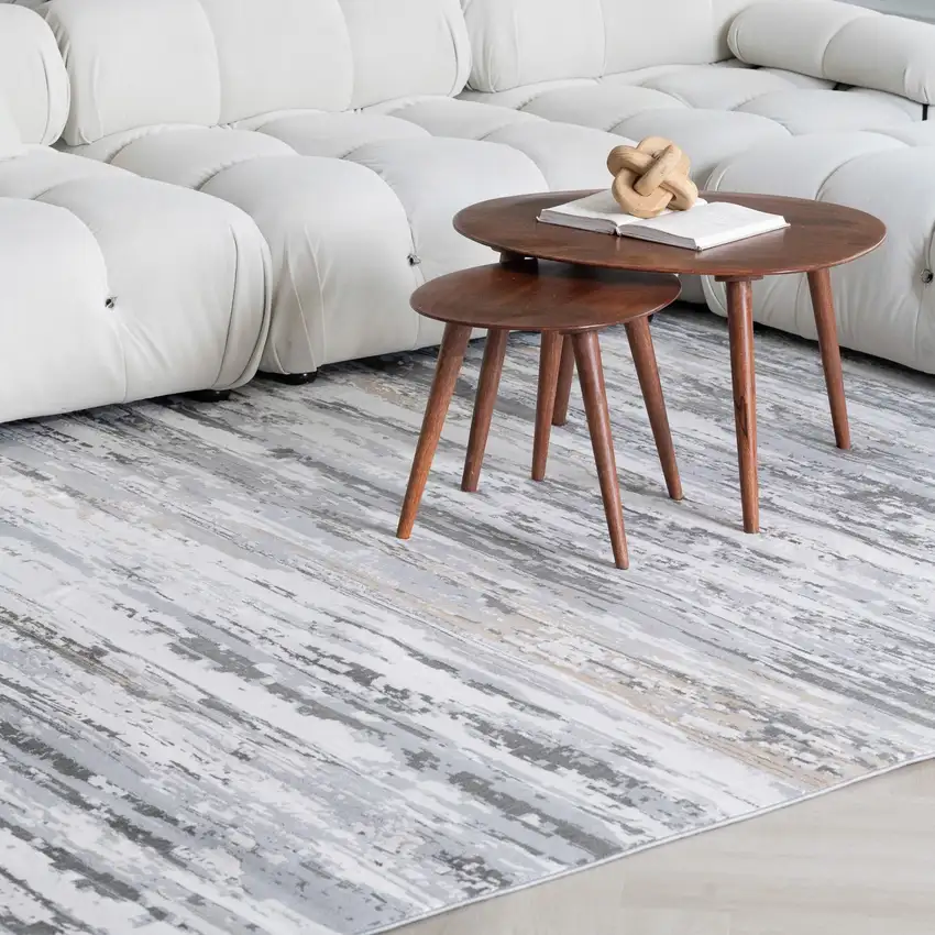 Beige and Gray Abstract Worn Faded Area Rug Photo 4