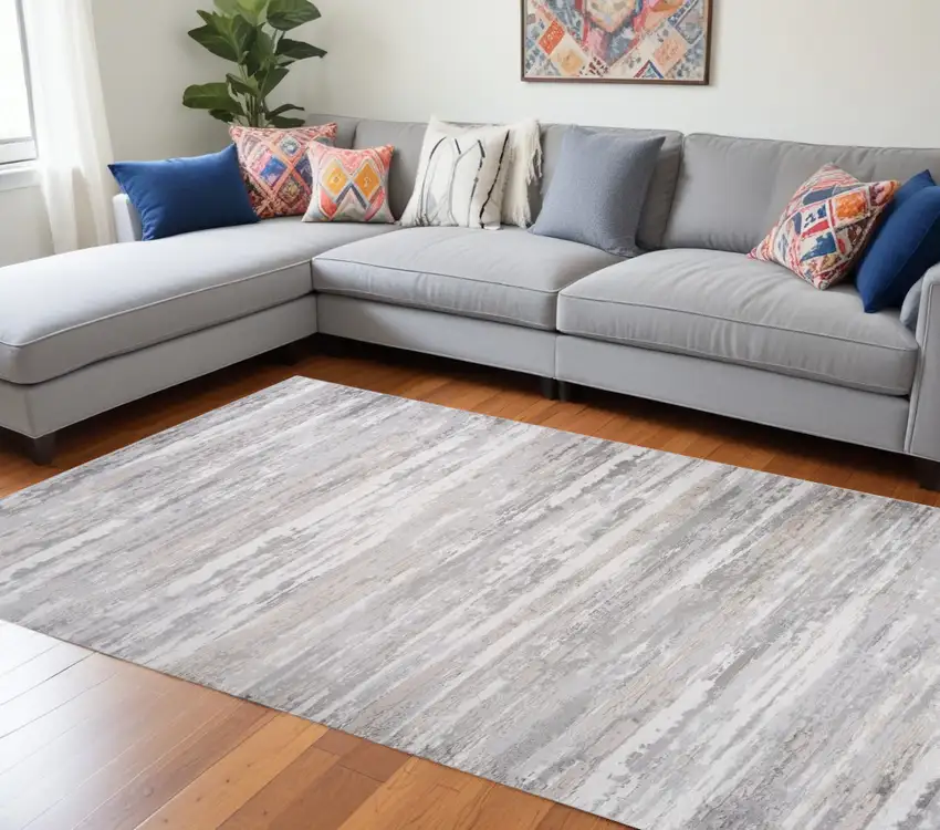 Beige and Gray Abstract Worn Faded Area Rug Photo 2