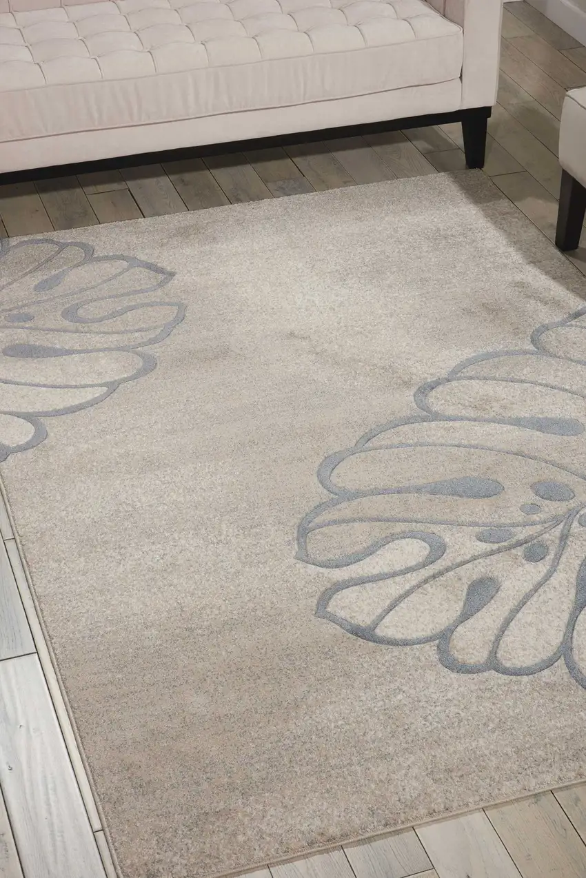 Beige and Gray Botanical Leaves Area Rug Photo 8
