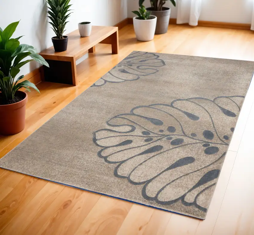 Beige and Gray Botanical Leaves Area Rug Photo 1