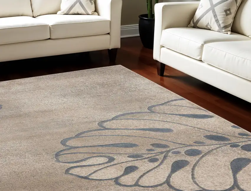 Beige and Gray Botanical Leaves Non Skid Area Rug Photo 1