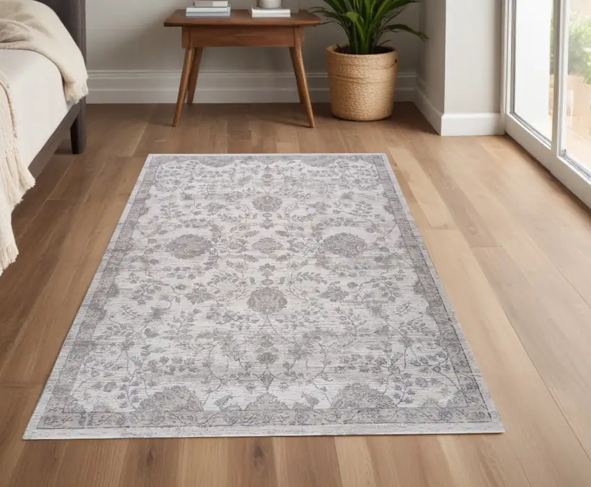 Beige and Gray Floral Distressed Area Rug Photo 5