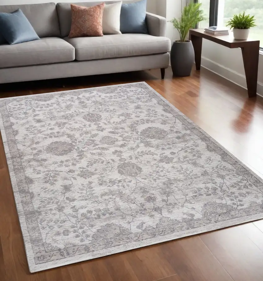 Beige and Gray Floral Distressed Area Rug Photo 5