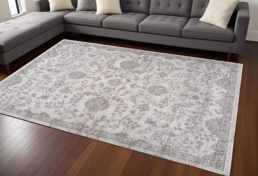 Beige and Gray Floral Distressed Area Rug Photo 6