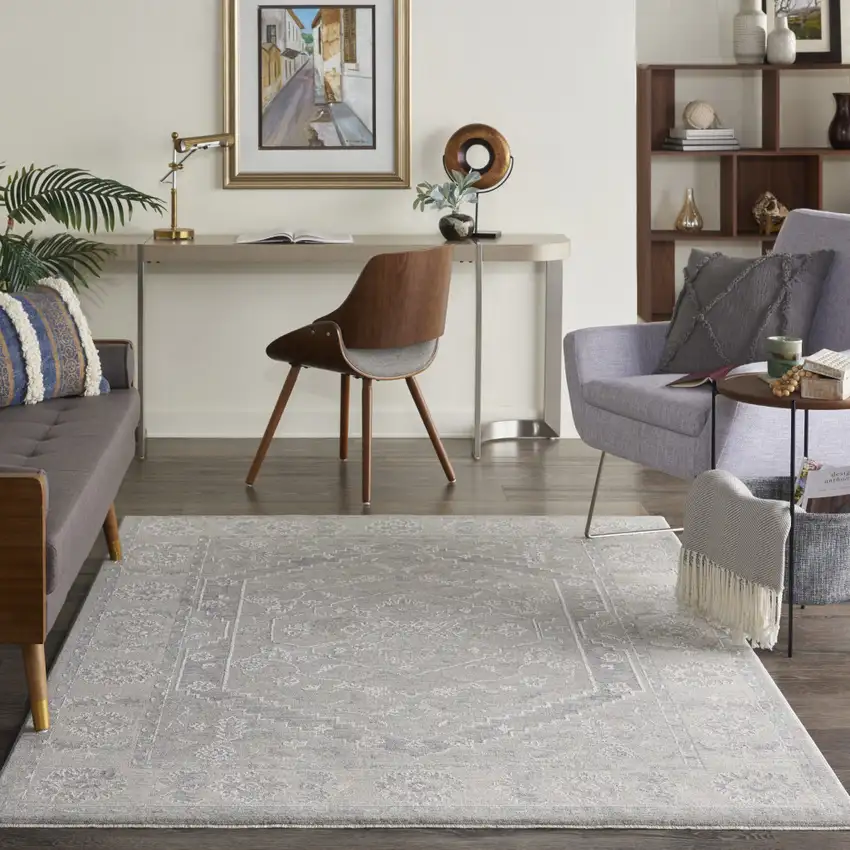 Beige and Gray Floral Medallion Power Loom Area Rug Photo 4