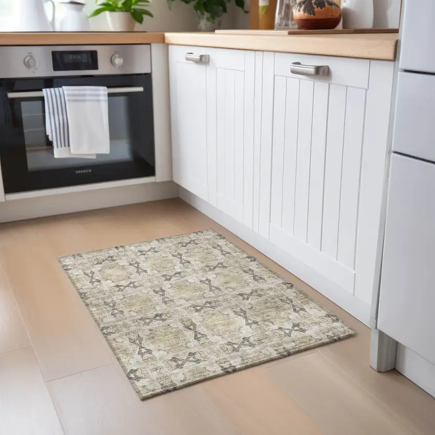 Beige and Gray Floral Medallion Washable Non Skid Indoor Outdoor Area Rug Photo 9