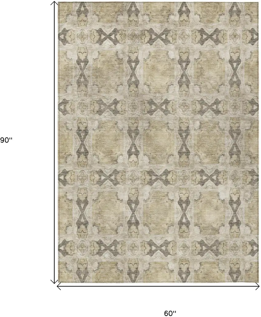 Beige and Gray Floral Medallion Washable Non Skid Indoor Outdoor Area Rug Photo 3