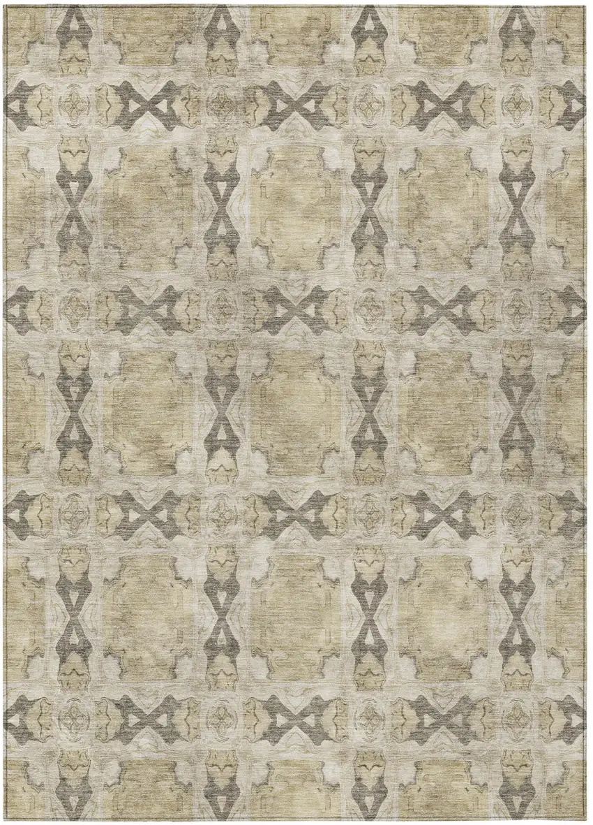Beige and Gray Floral Medallion Washable Non Skid Indoor Outdoor Area Rug Photo 2
